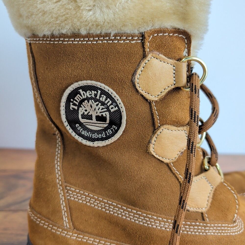 Timberland Suede Lace Up Brown Faux Fur Trim Boots Women's Size 9M - Picture 4 of 10